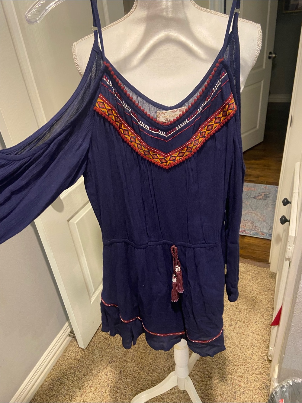 Band of Gypsies Navy Cold-Shoulder Embroidered Romper with Tassel